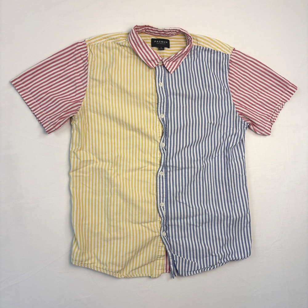 PacSun Mens Colorblock Striped Short Sleeve Button Down Shirt Preppy Large‎